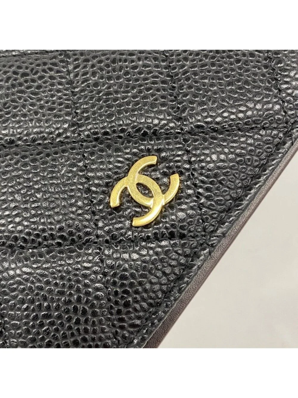 Chanel Wallet Quilted Caviar Leather Black Gold